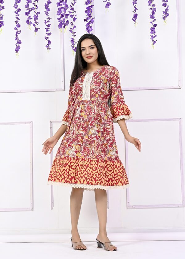 Cotton Printed Short Dress with Delicate Accents - Image 3