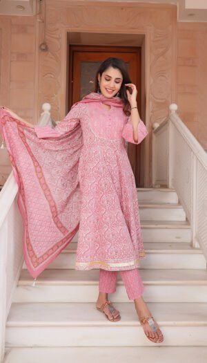 Cotton Printed Handwork Kurta Pant Dupatta Set