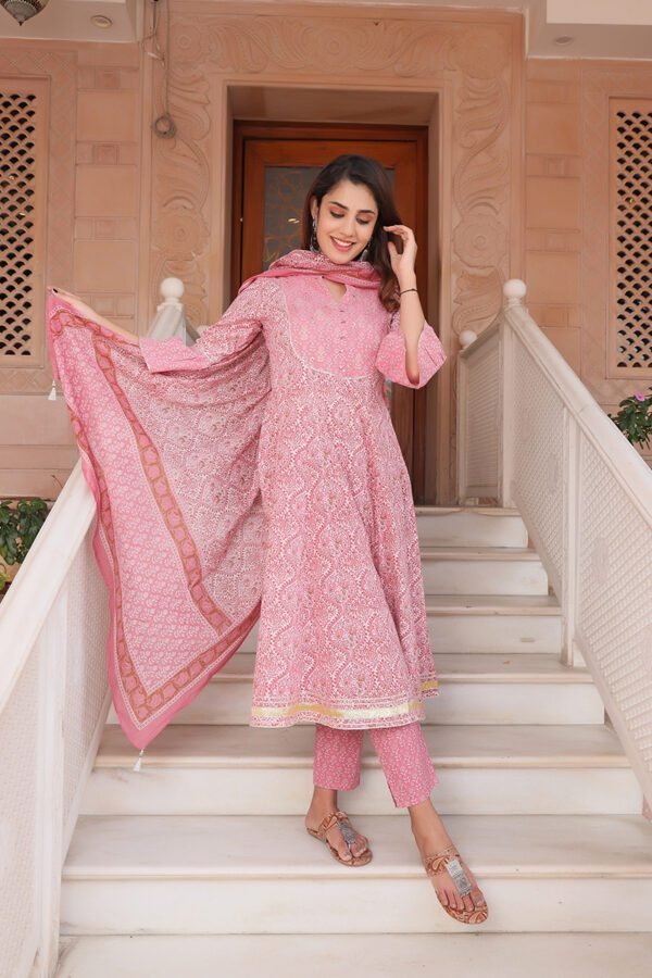 Cotton Printed Handwork Kurta Pant Dupatta Set