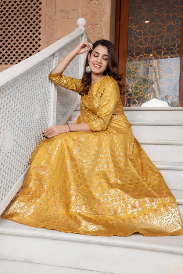 Chanderi SIlk Printed Handwork Anarkali Gown Golden - 1pc - Image 2