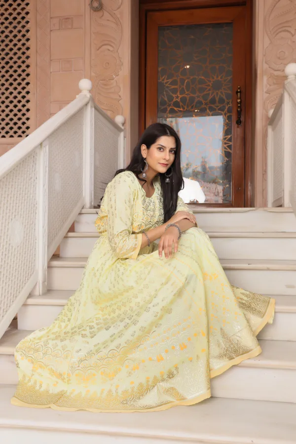 Silk Foil Gold Printed Anarkali Gown for Women Yellow - 1 pc - Image 2