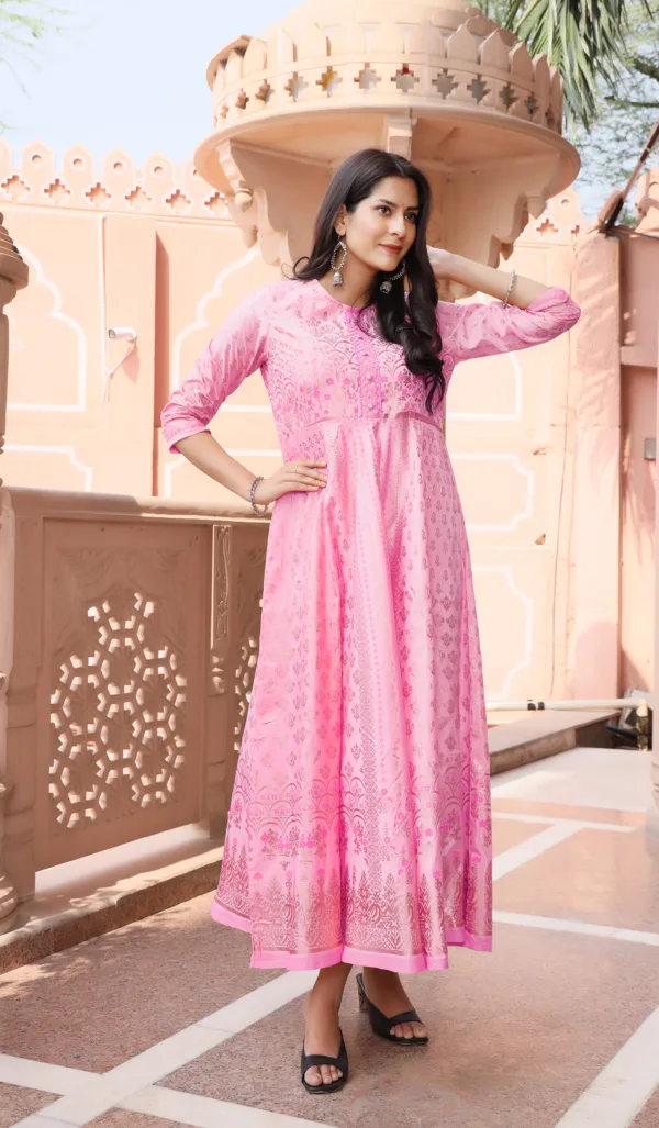 Chanderi SIlk Printed Handwork Anarkali Gown Pink - 1pc - Image 2